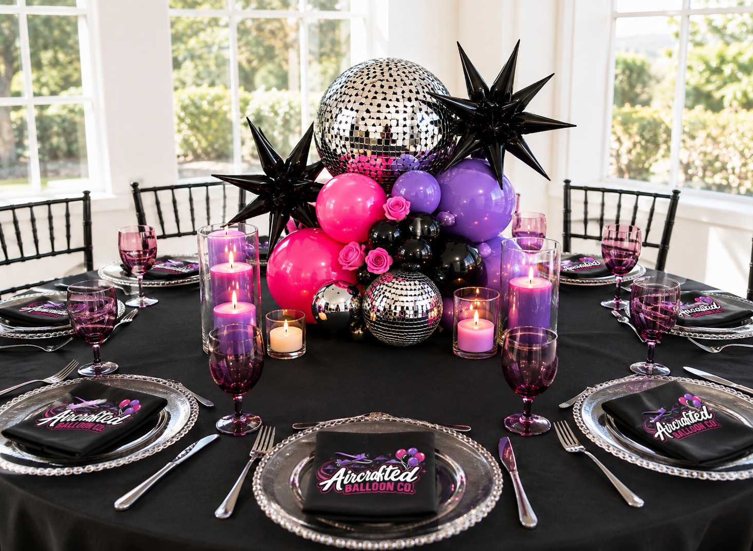 Matching disco-inspired table styling with Aircrafted Balloon Co. branded napkins