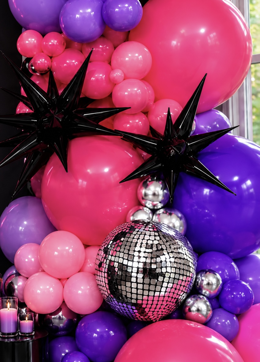 Close-up of hot pink, purple and black balloon décor with mirrored disco ball accents